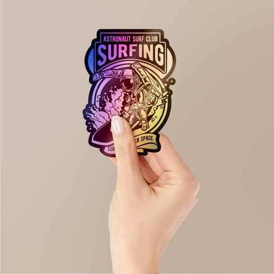 Astronaut Surf Club Holographic Stickers waterproof vinyl decal for laptop, bike, car & bottle