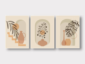 Set of 3 Boho Art Pots & Plant Canvas Art