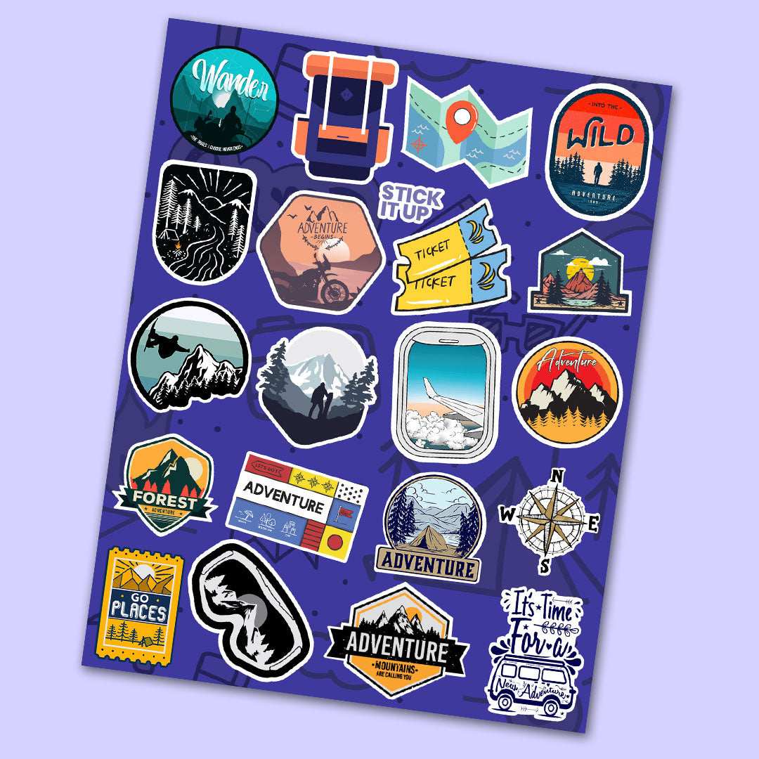 Adventure Mini Stickers Sheet waterproof vinyl decal for laptop, bike, car & bottle