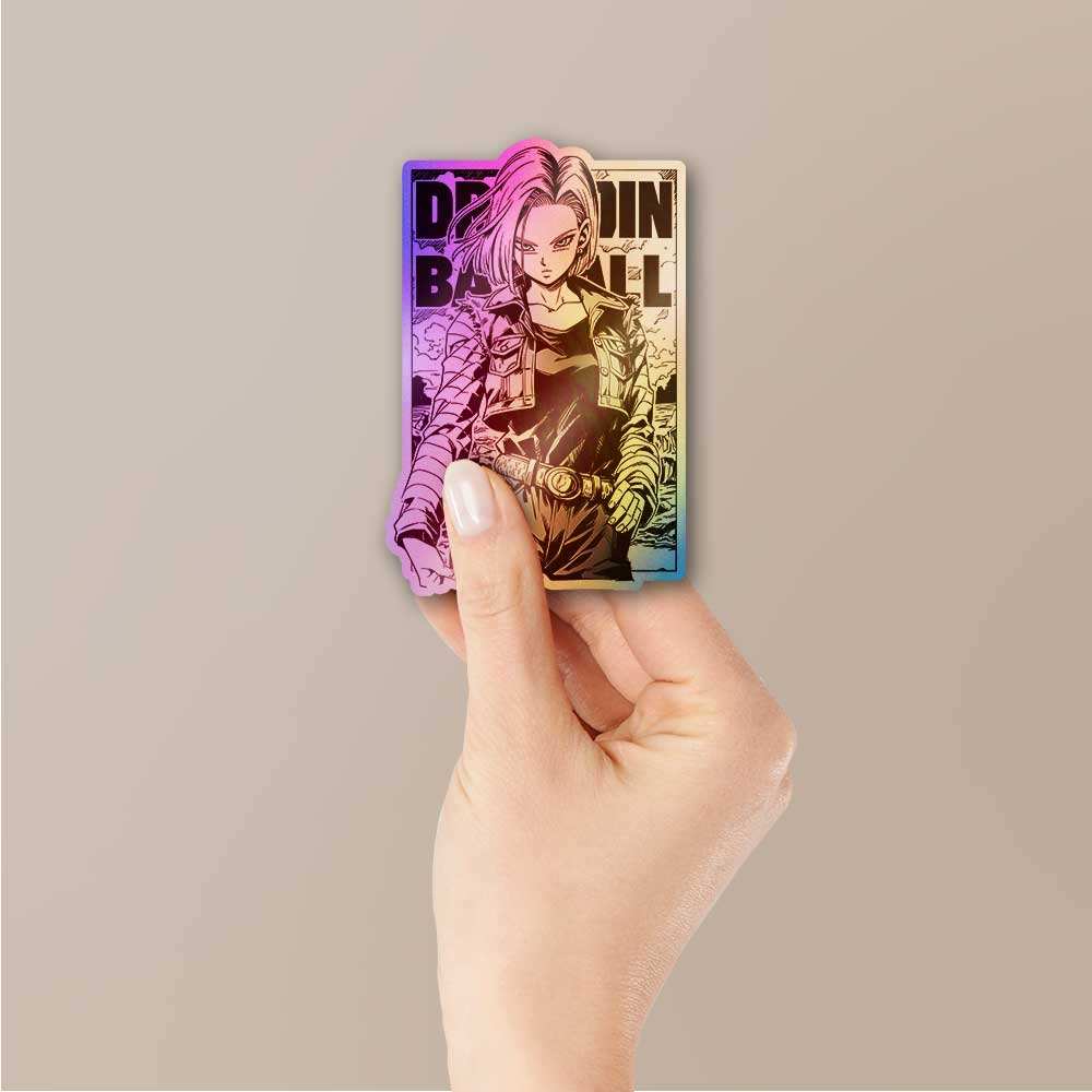 Android 18 Holographic Sticker waterproof vinyl decal for laptop, bike, car & bottle