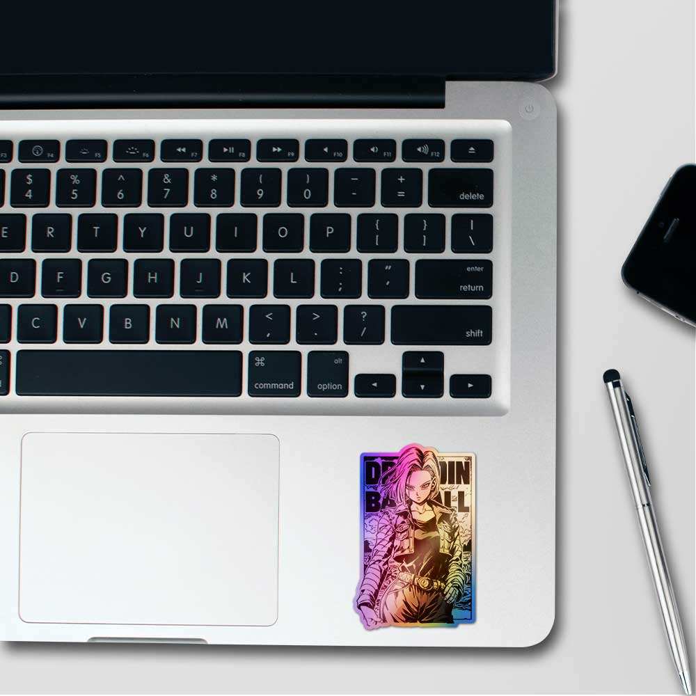 Android 18 Holographic Sticker waterproof vinyl decal for laptop, bike, car & bottle