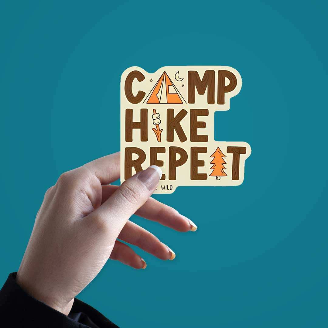 Camp Hike Repeat Sticker waterproof vinyl decal for laptop, bike, car & bottle