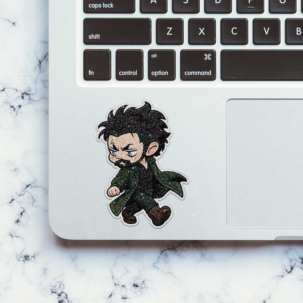 Chibi Green Coat Walker Glitter Sticker - Glitter Stickers | STICK IT UP
