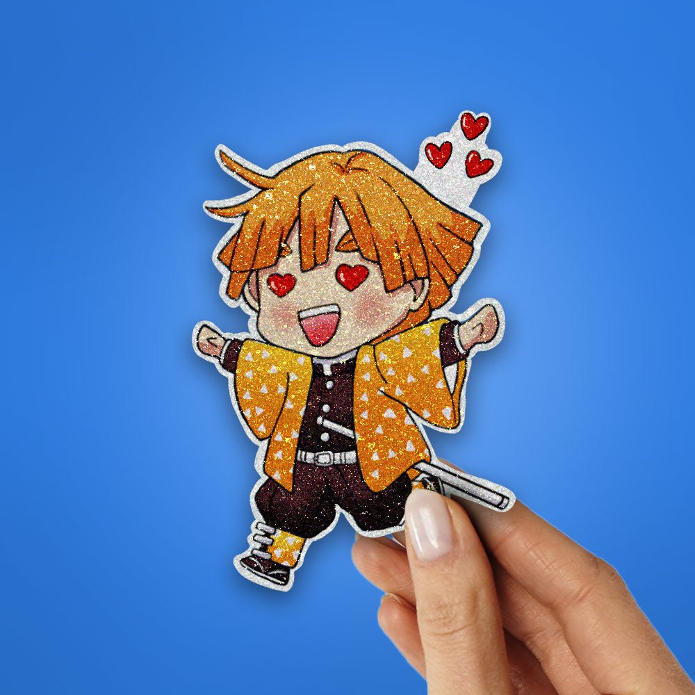 Chibi Zenitsu Glitter Sticker waterproof vinyl decal for laptop, bike, car & bottle