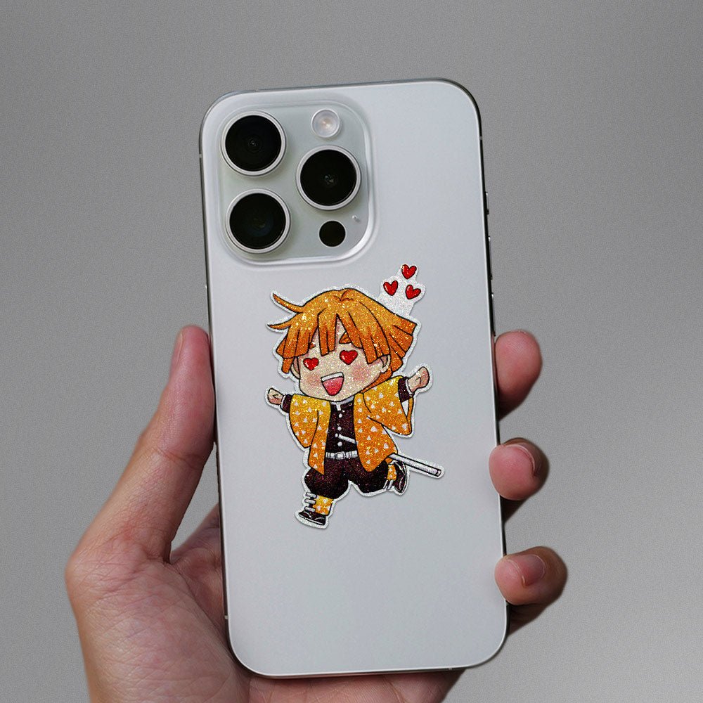 Chibi Zenitsu Glitter Sticker waterproof vinyl decal for laptop, bike, car & bottle