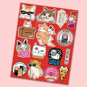 Cute Cat Mini Sticker Sheet waterproof vinyl decal for laptop, bike, car & bottle