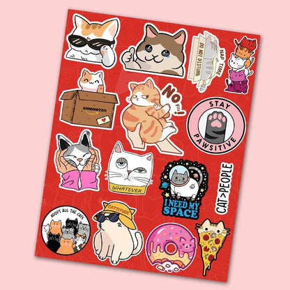 Cute Cat Mini Sticker Sheet waterproof vinyl decal for laptop, bike, car & bottle