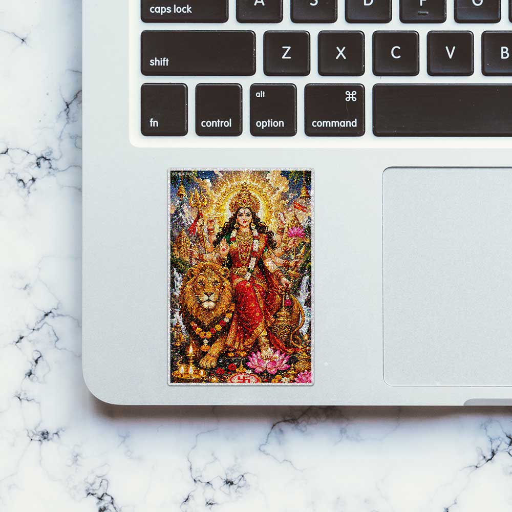 Durga Maa With Lion Glitter Sticker - Glitter Stickers | STICK IT UP