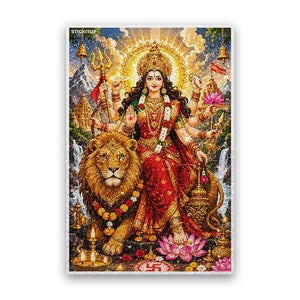 Durga Maa With Lion Glitter Sticker - Glitter Stickers | STICK IT UP