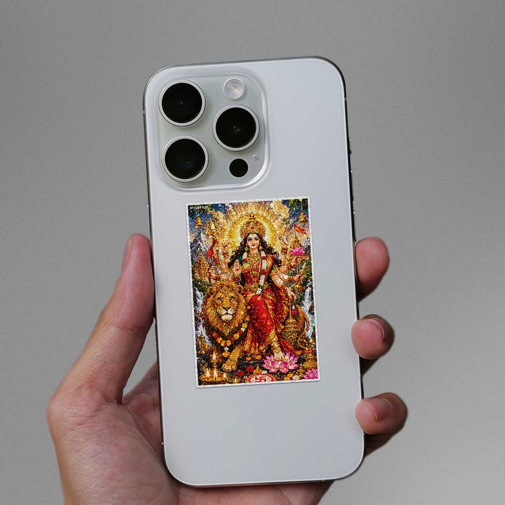 Durga Maa With Lion Glitter Sticker - Glitter Stickers | STICK IT UP