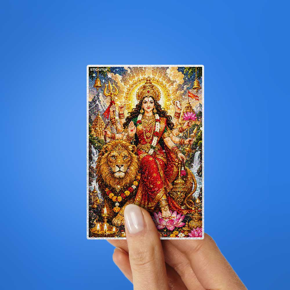 Durga Maa With Lion Glitter Sticker - Glitter Stickers | STICK IT UP