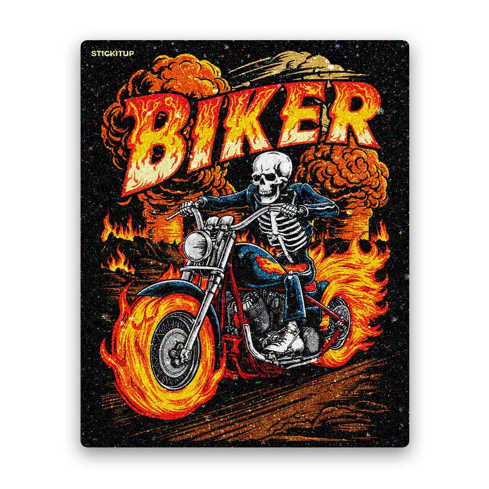 Flaming Skeleton Biker Glitter Sticker - Glitter Stickers | STICK IT UP