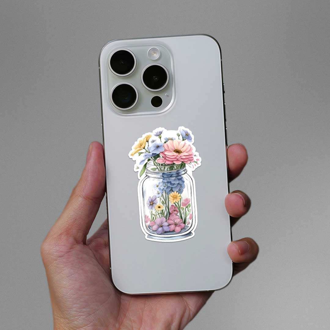 Jar Filled With Flowers Sticker waterproof vinyl decal for laptop, bike, car & bottle