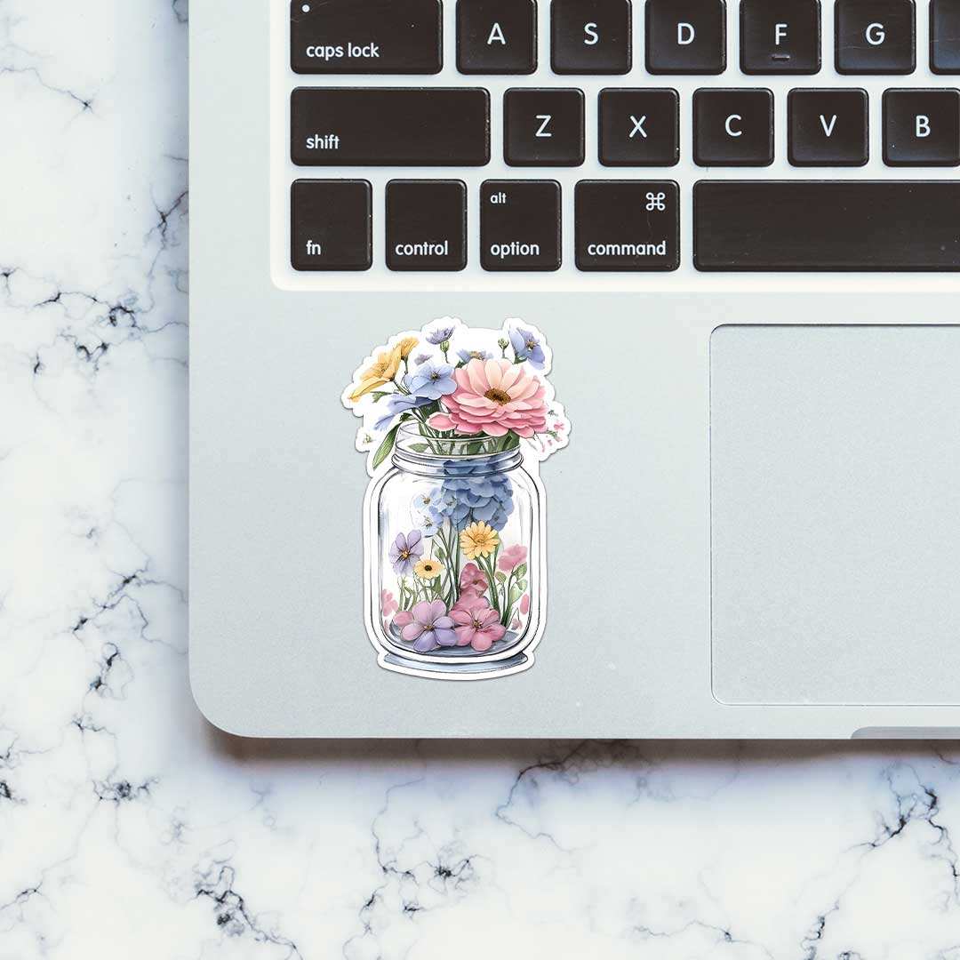 Jar Filled With Flowers Sticker waterproof vinyl decal for laptop, bike, car & bottle