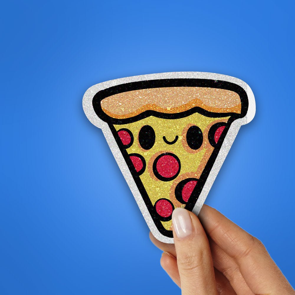 Kawaii Pizza Glitter Sticker waterproof vinyl decal for laptop, bike, car & bottle