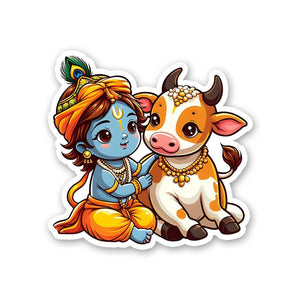 Krishna And Cow Sticker waterproof vinyl decal for laptop, bike, car & bottle