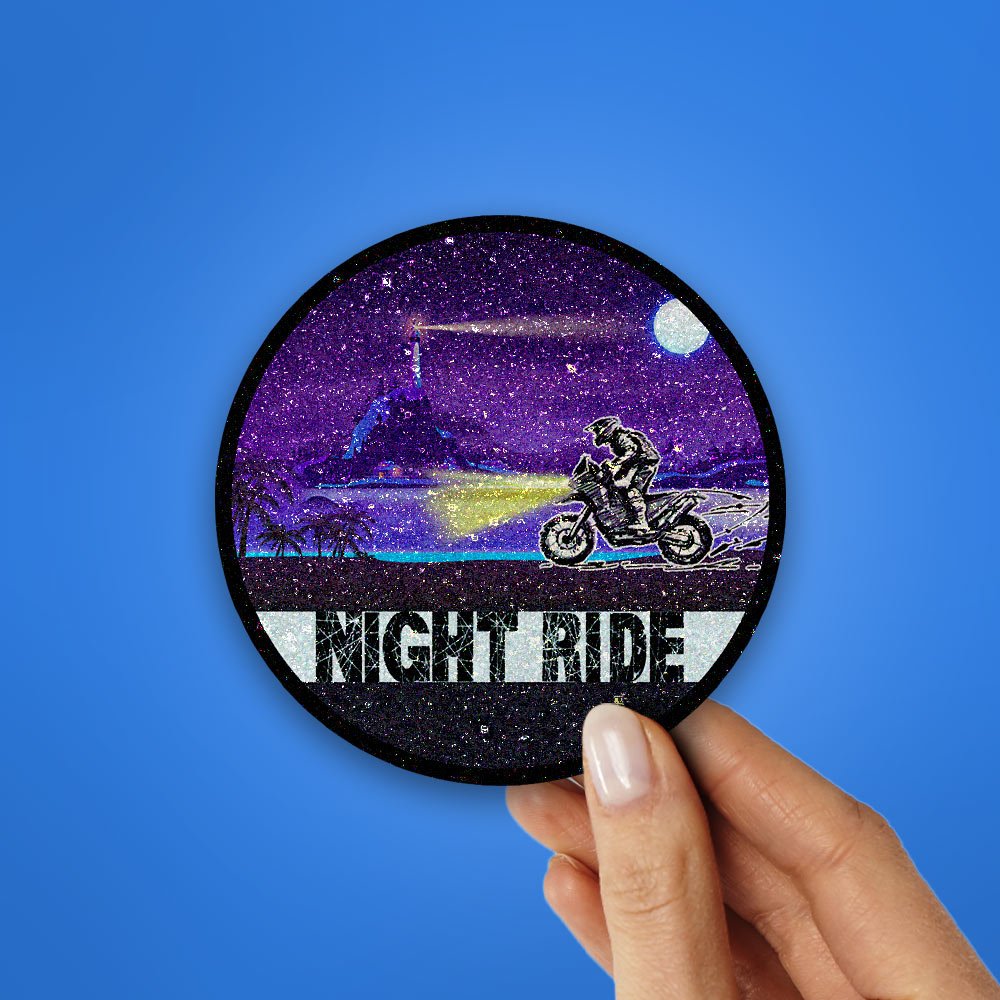 Night Ride Glitter Sticker waterproof vinyl decal for laptop, bike, car & bottle