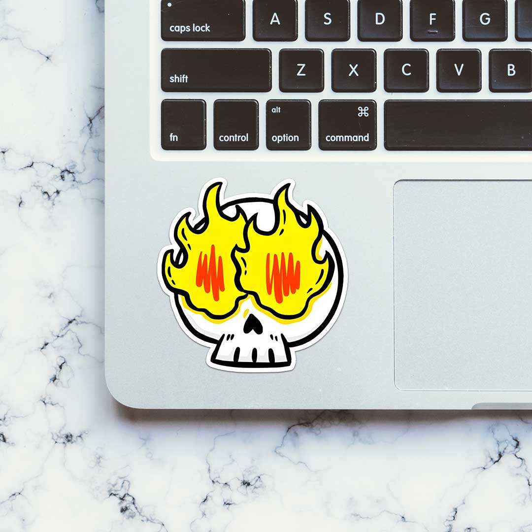 Skull On Fire Sticker waterproof vinyl decal for laptop, bike, car & bottle