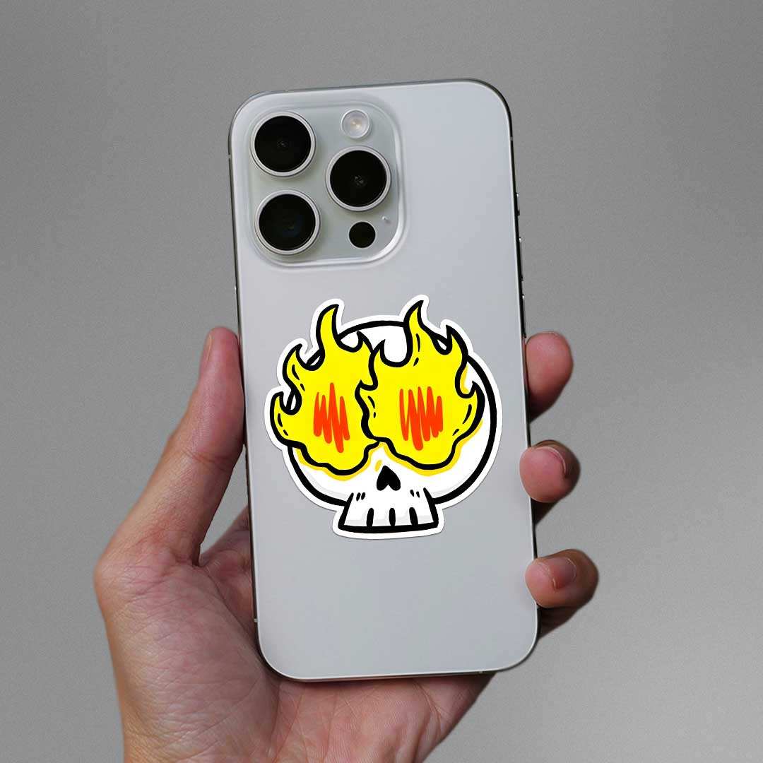 Skull On Fire Sticker waterproof vinyl decal for laptop, bike, car & bottle