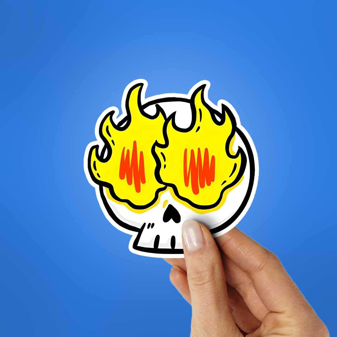 Skull On Fire Sticker waterproof vinyl decal for laptop, bike, car & bottle