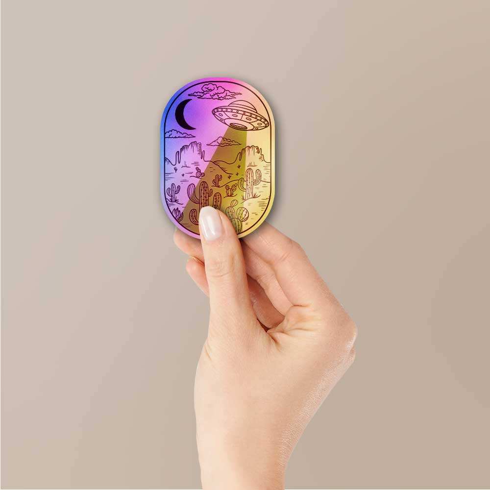Spaceship In Desert Holographic Sticker waterproof vinyl decal for laptop, bike, car & bottle