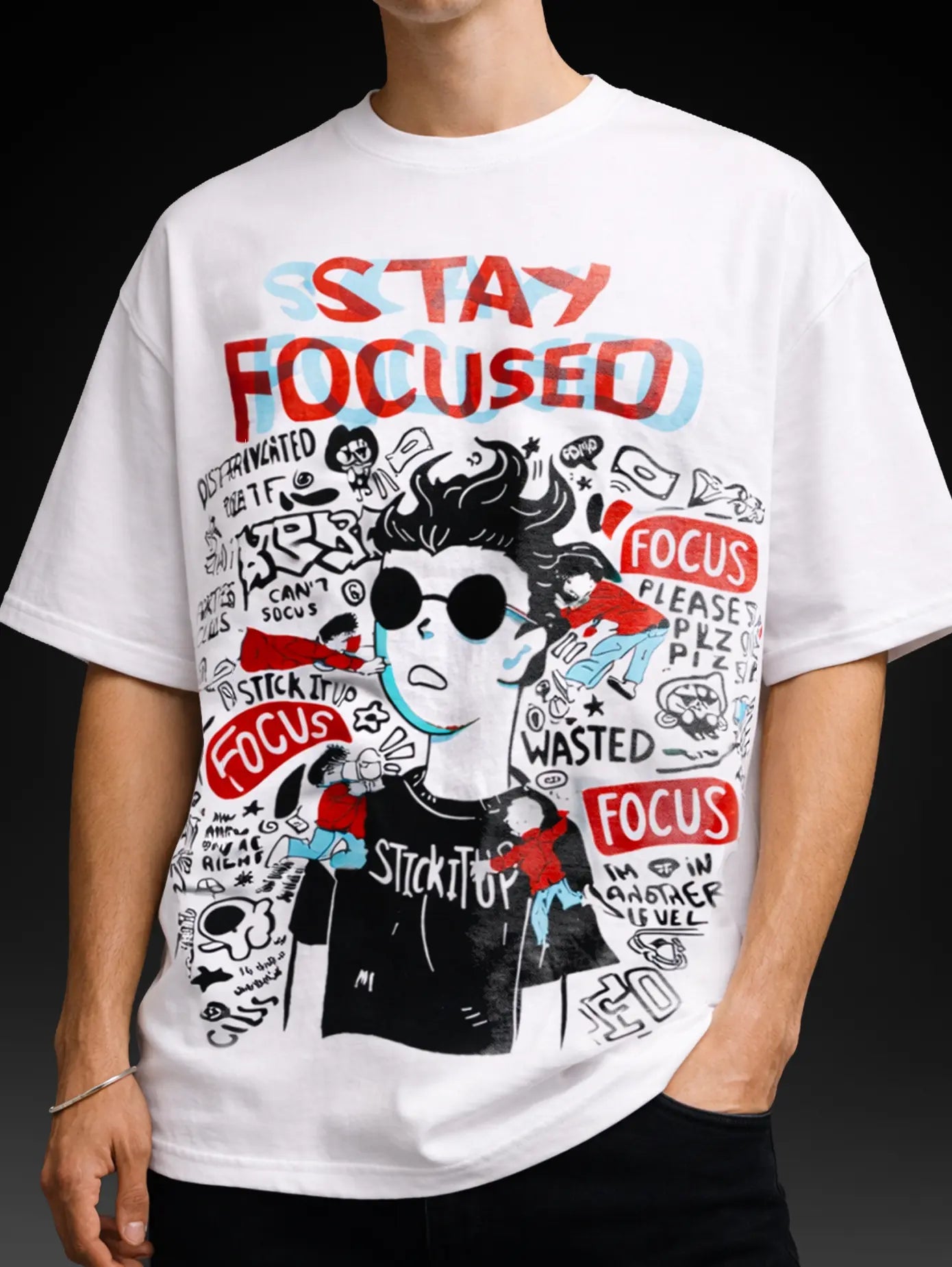 STAY FOCUSED OVERSIZED T - SHIRT waterproof vinyl decal for laptop, bike, car & bottle