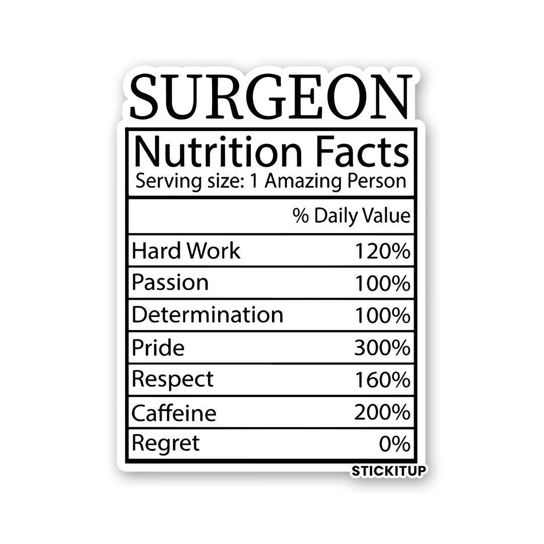 Surgeon Nutrition Facts Sticker waterproof vinyl decal for laptop, bike, car & bottle