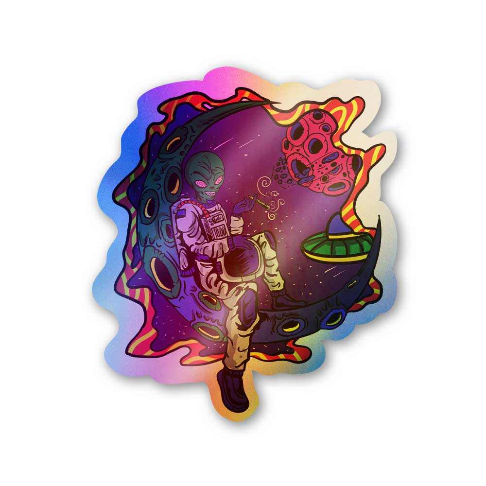 Alien on moon Holographic Stickers | STICK IT UP