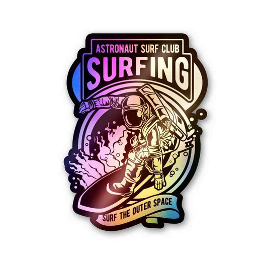 Astronaut Surf Club Holographic Stickers waterproof vinyl decal for laptop, bike, car & bottle