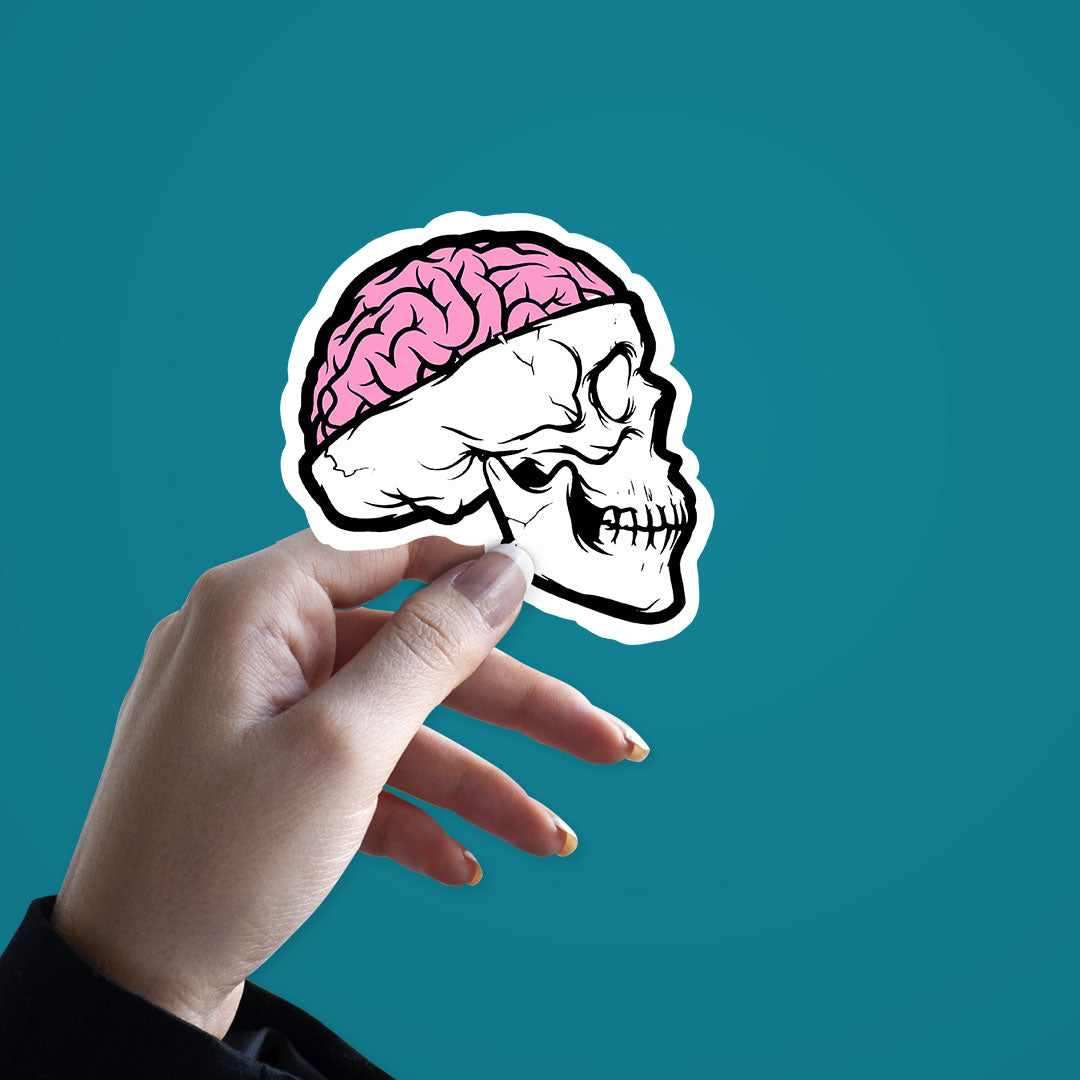 Skull With Brain Open Sticker waterproof vinyl decal for laptop, bike, car & bottle